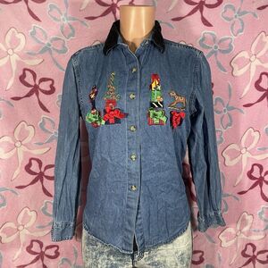 Victoria Jones Petite Medium Ugly Christmas Holiday Cute Button Down Shirt Top